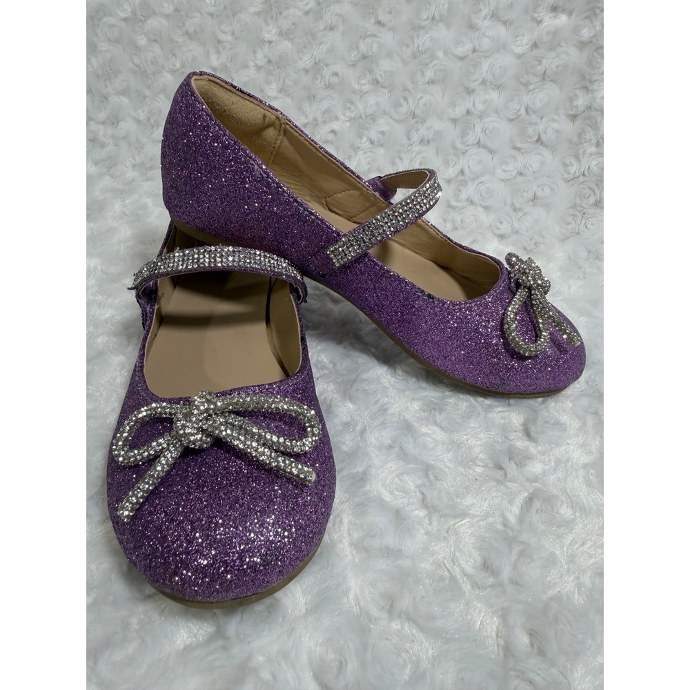 Girls Purple Glitter Rhinestone Bow Mary Jane Dress Flat Shoes‎ Size 2 - Picture 3 of 6